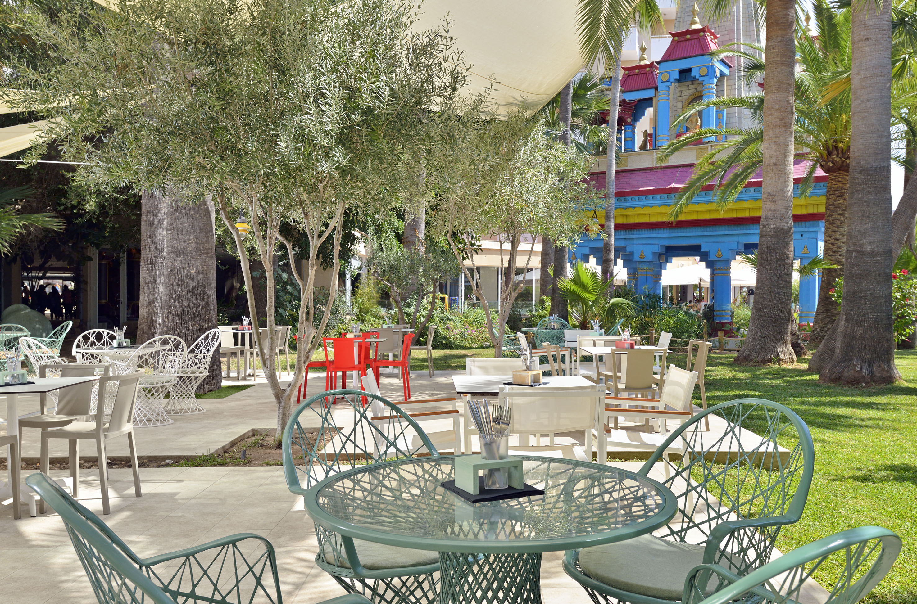 Resort dining terrace with olive trees, palm trees, tables, and colorful building.
