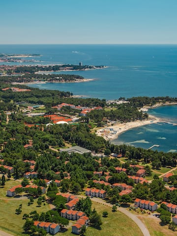 a aerial view of a town by the water