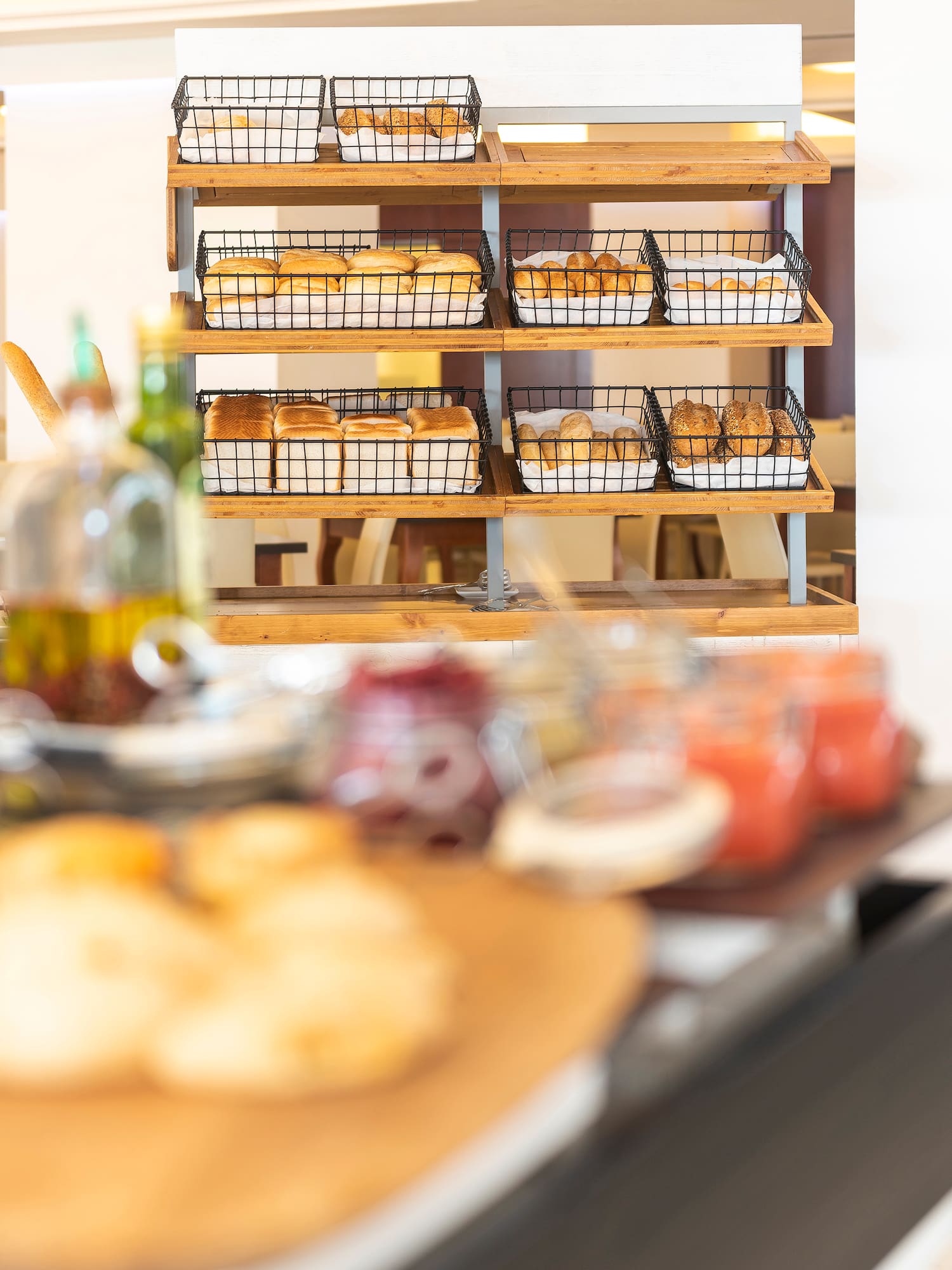 a shelf of bread and pastries