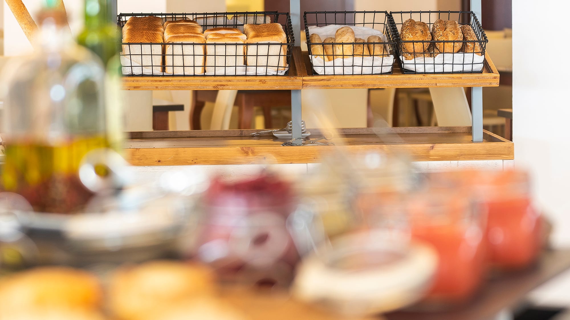 a shelf of bread and pastries