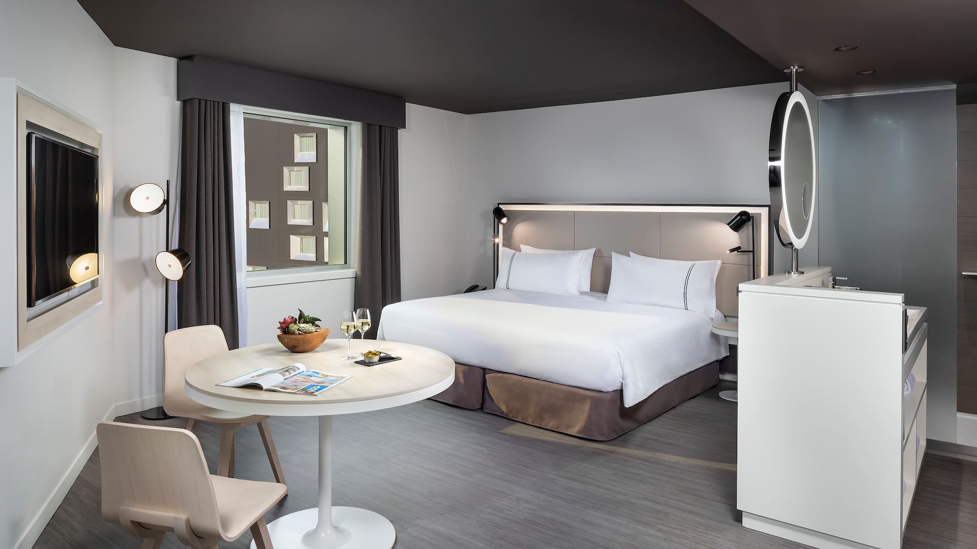 a room with a bed and a table