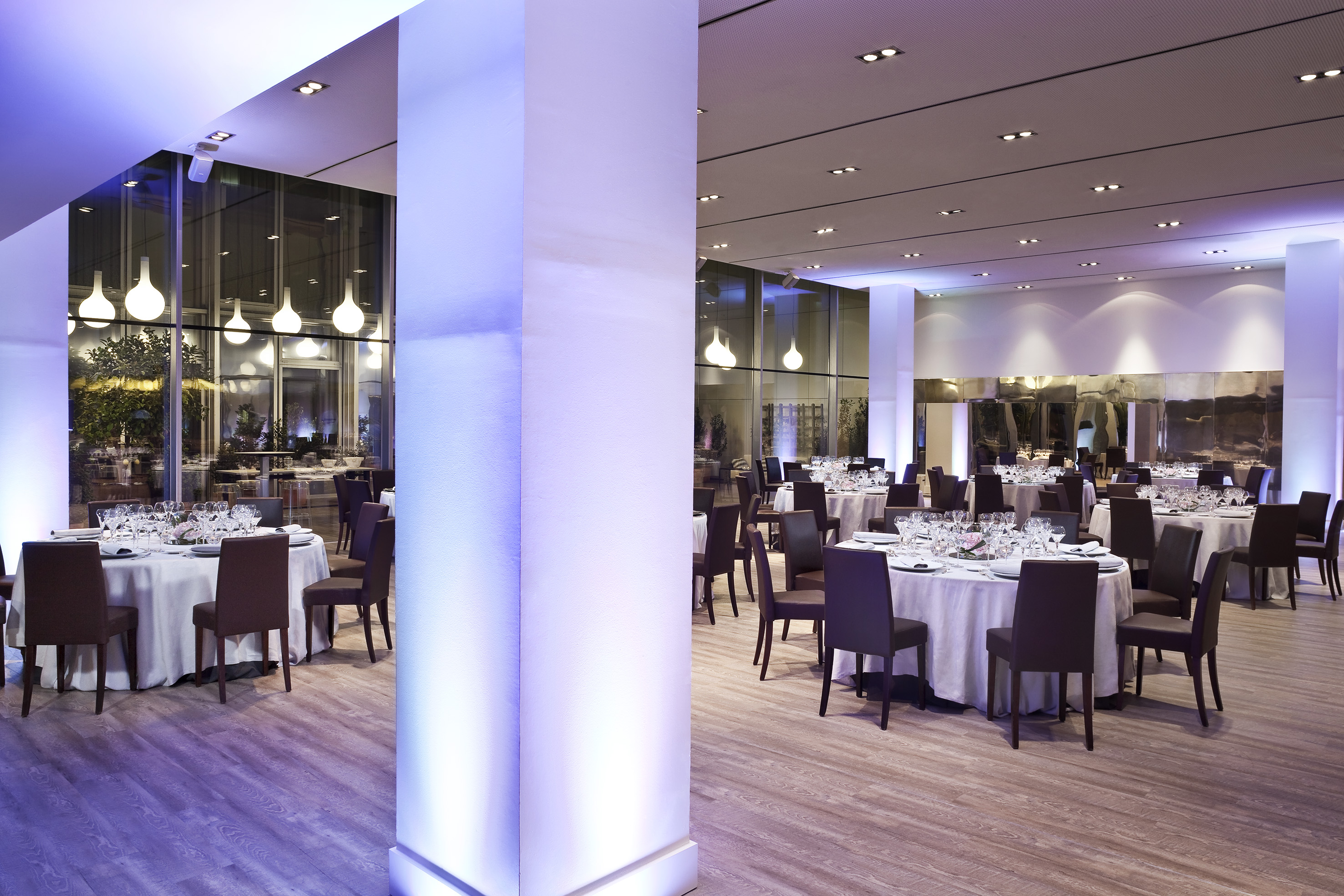 Modern banquet hall with set round tables, dark chairs, and purple lighting.