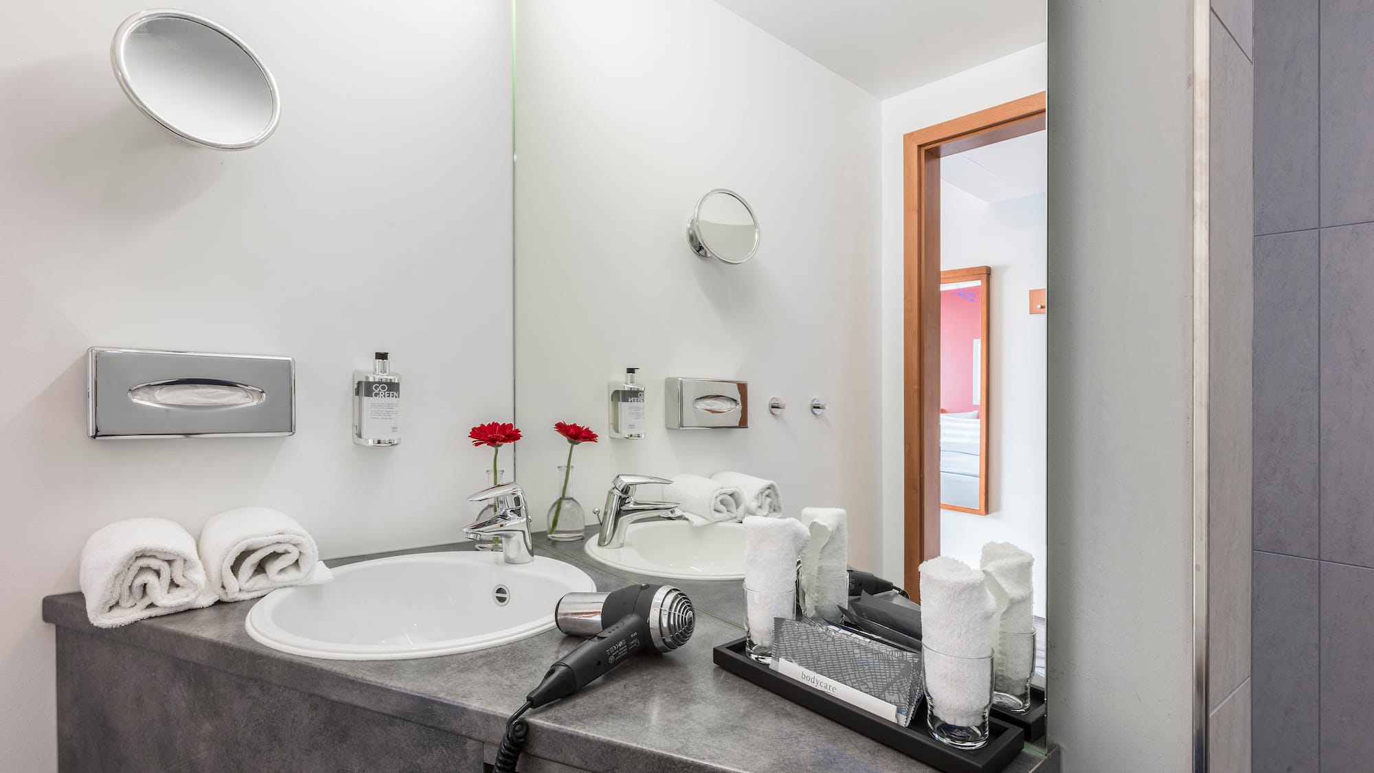 a bathroom with a sink and hair dryer