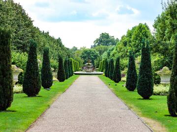 a path with a fountain and trees