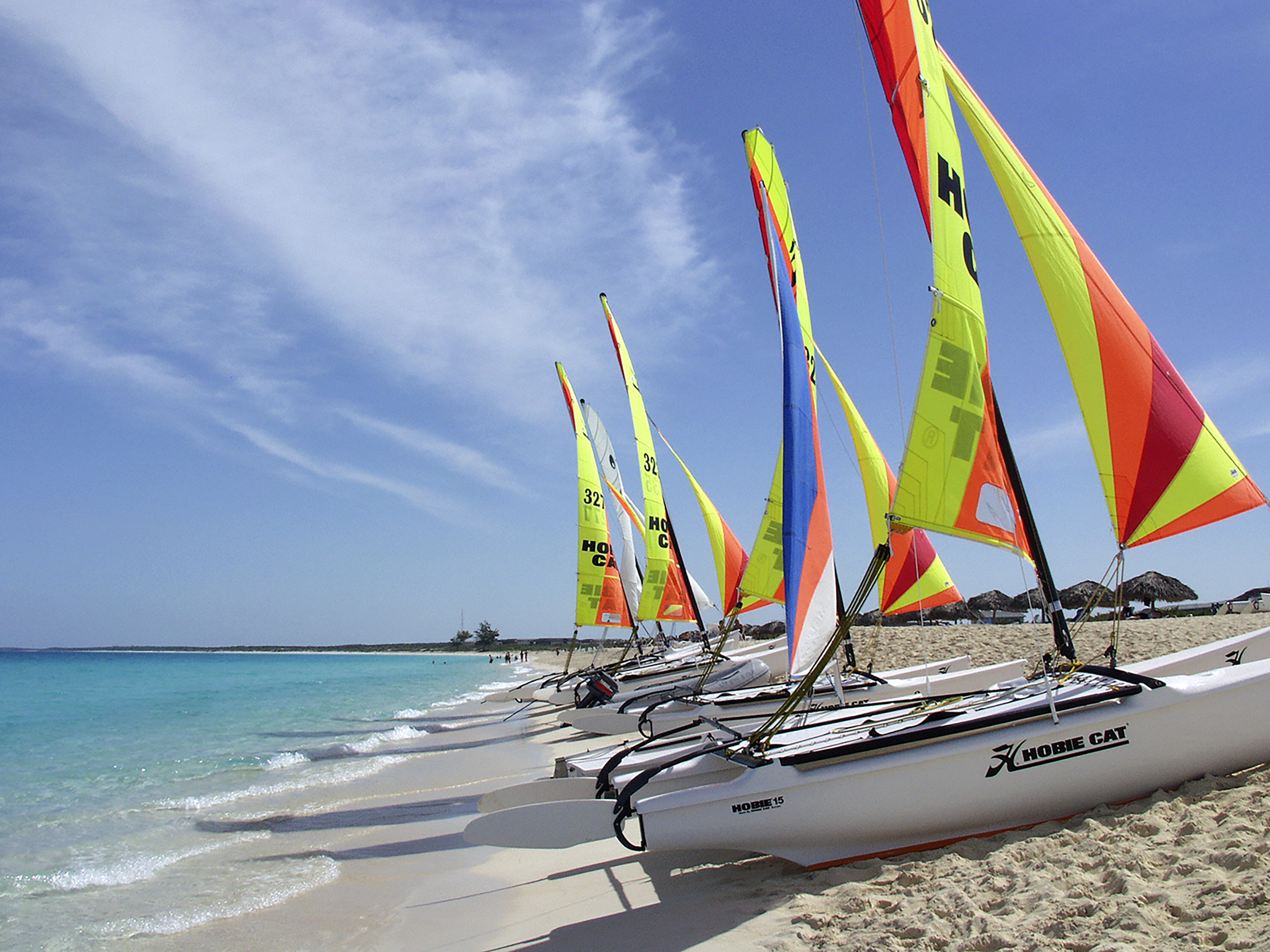 a row of sailboats on a beach