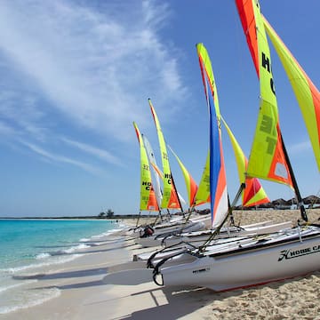 a row of sailboats on a beach