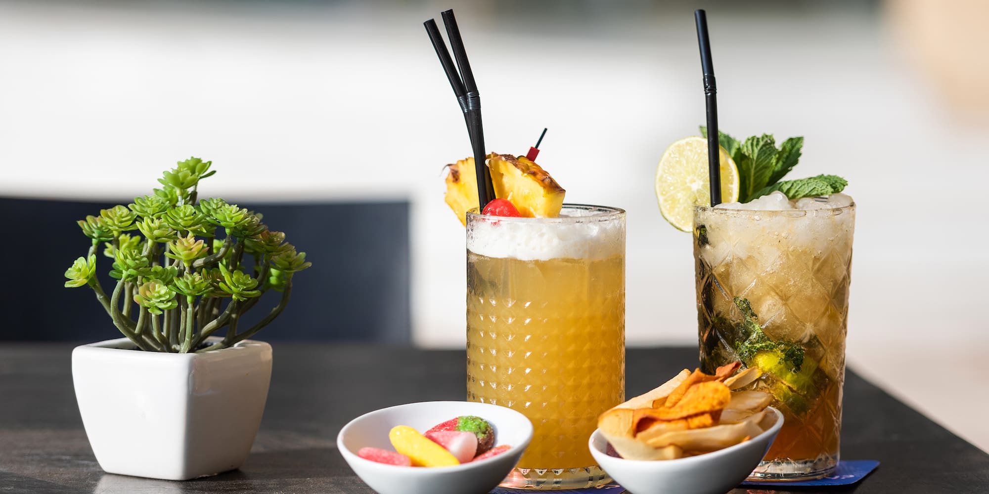a group of drinks on a table
