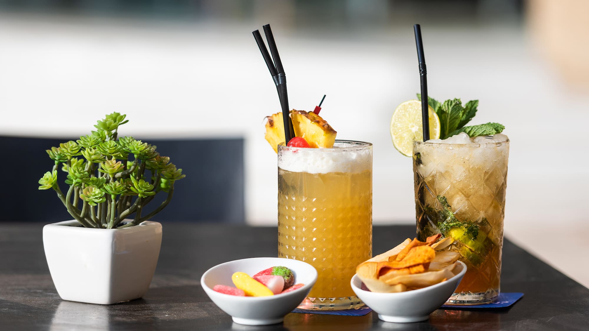 a group of drinks on a table