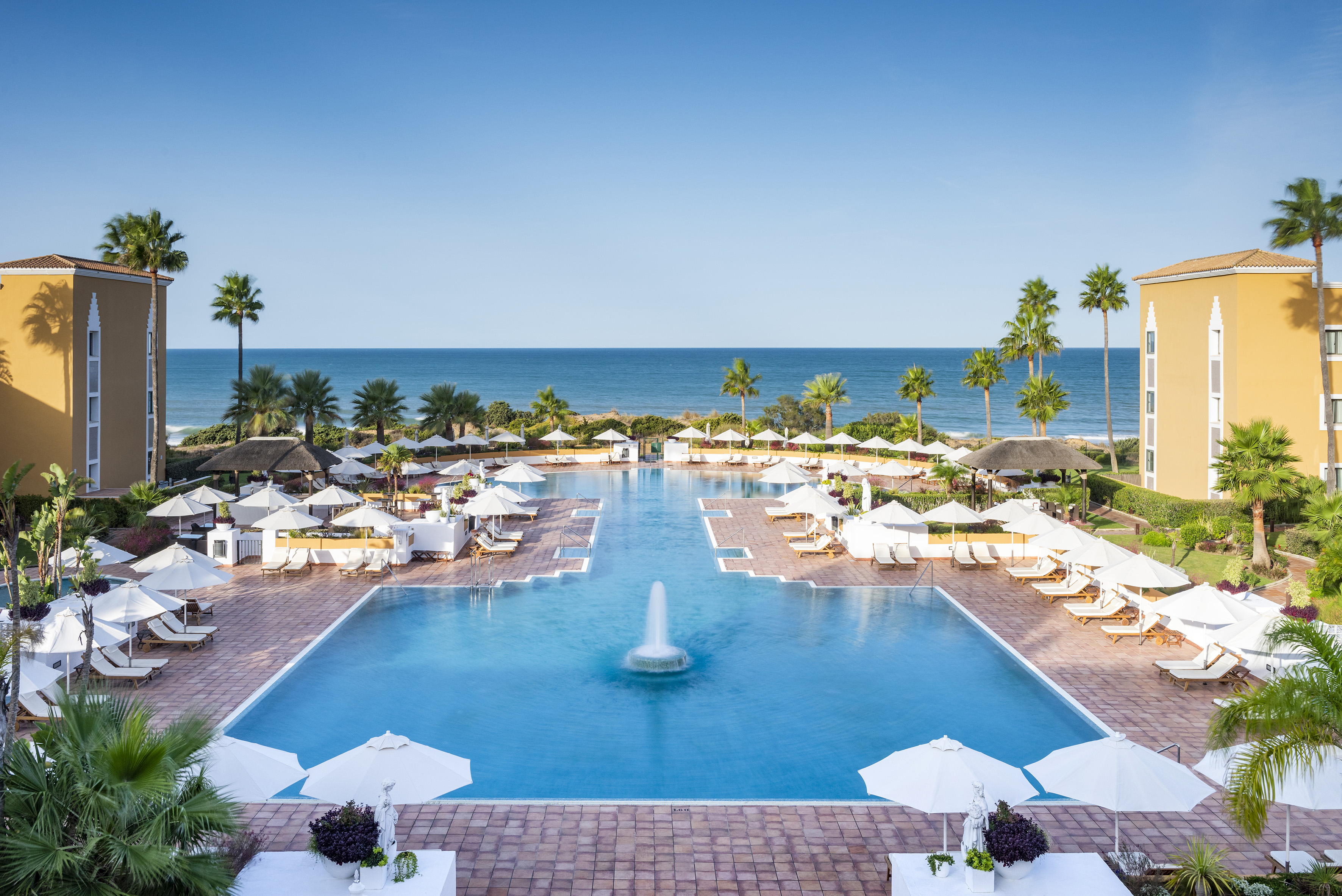 Luxury hotel resort pool with fountain, palm trees, ocean view, and sun loungers.