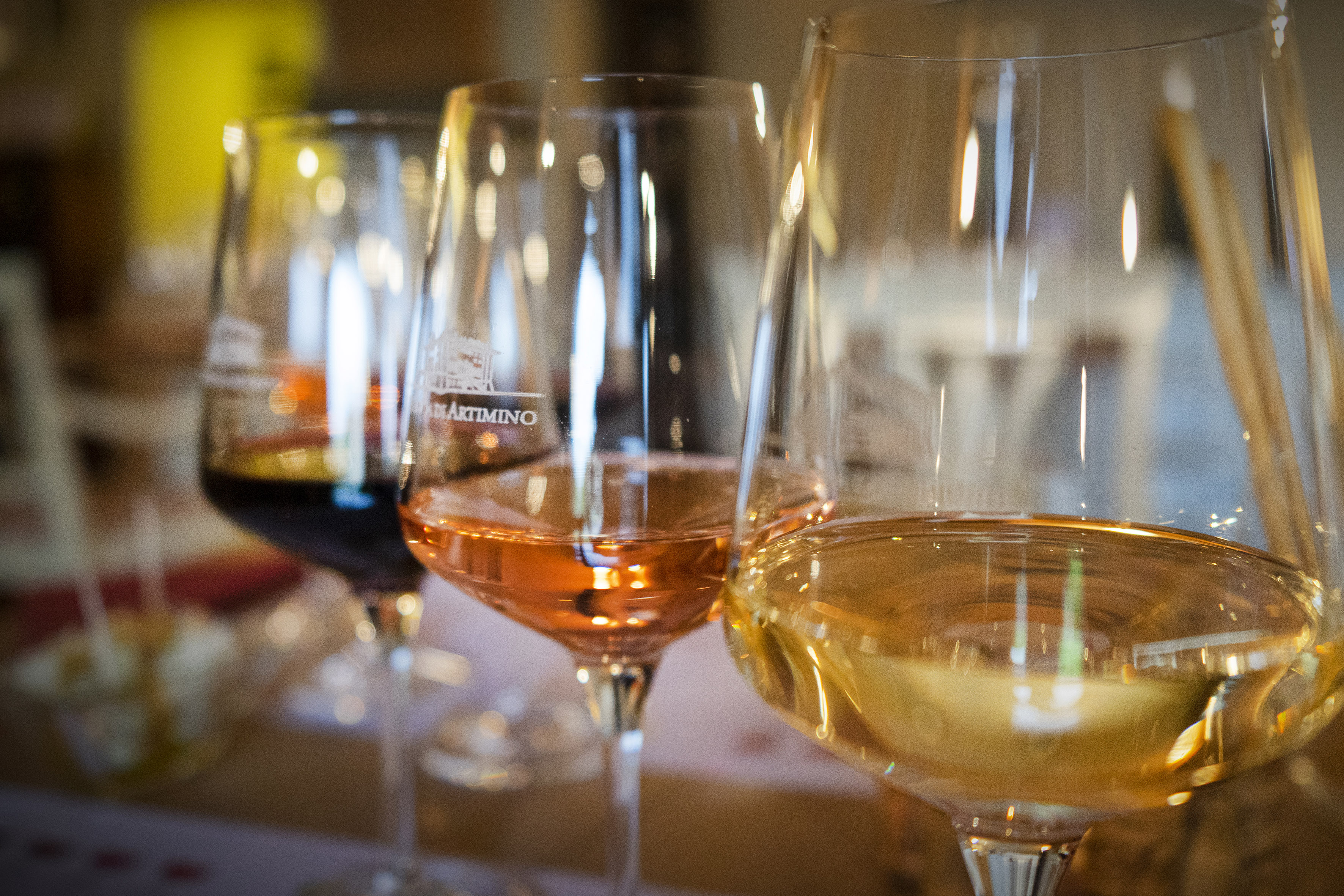 Di Artimino wine tasting: red, rosé, and white wine glasses.