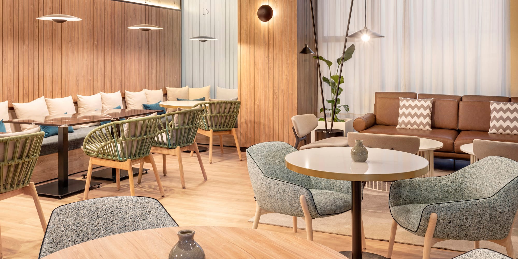 a room with tables and chairs