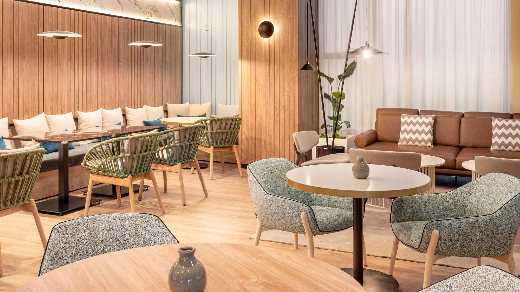 a room with tables and chairs