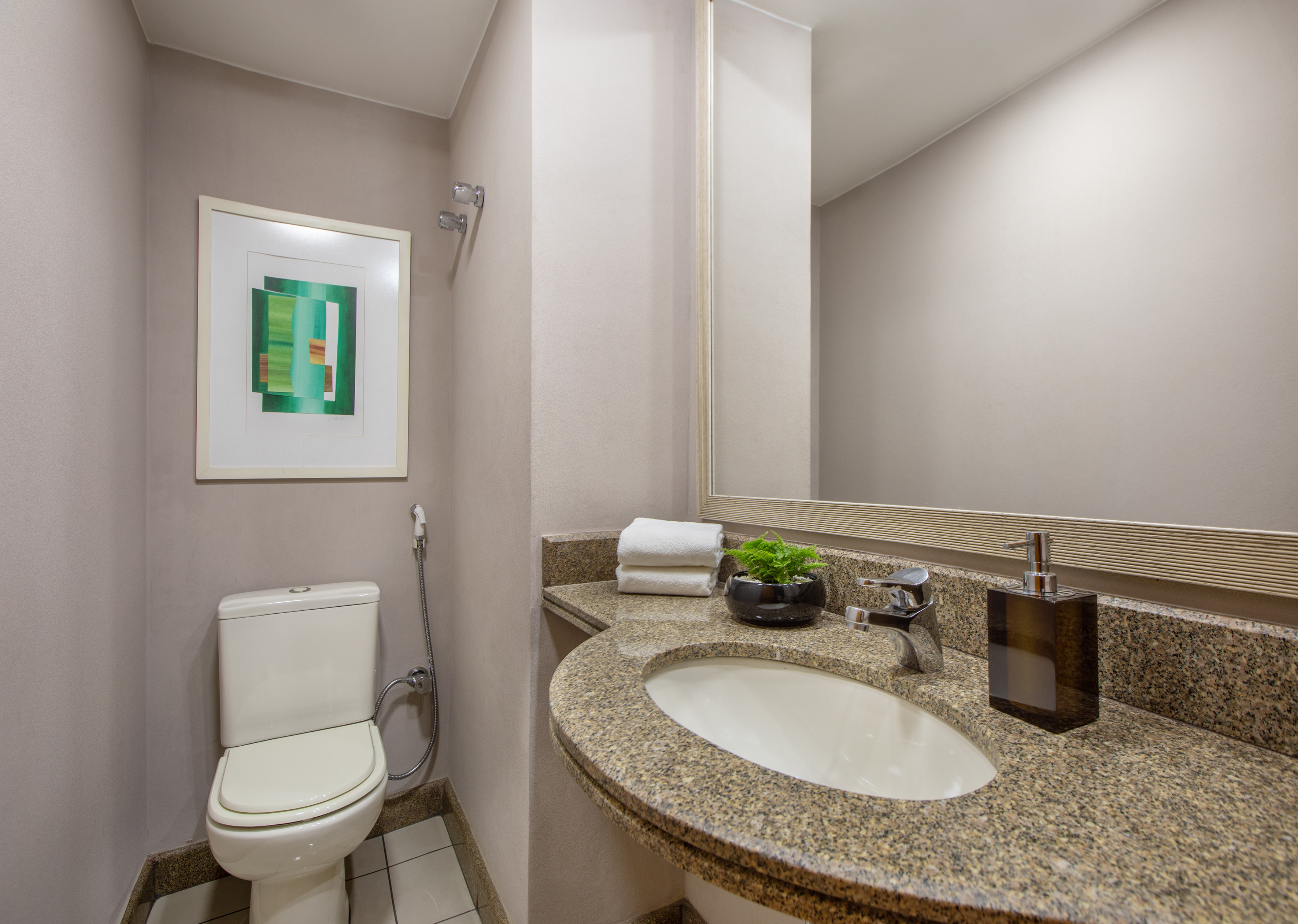 Small bathroom with toilet, granite vanity, sink, mirror, and green abstract art.