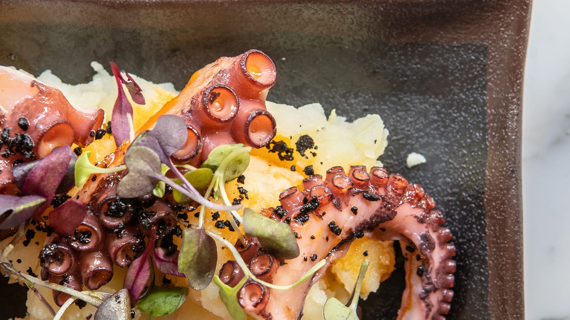 a plate of food on a marble surface