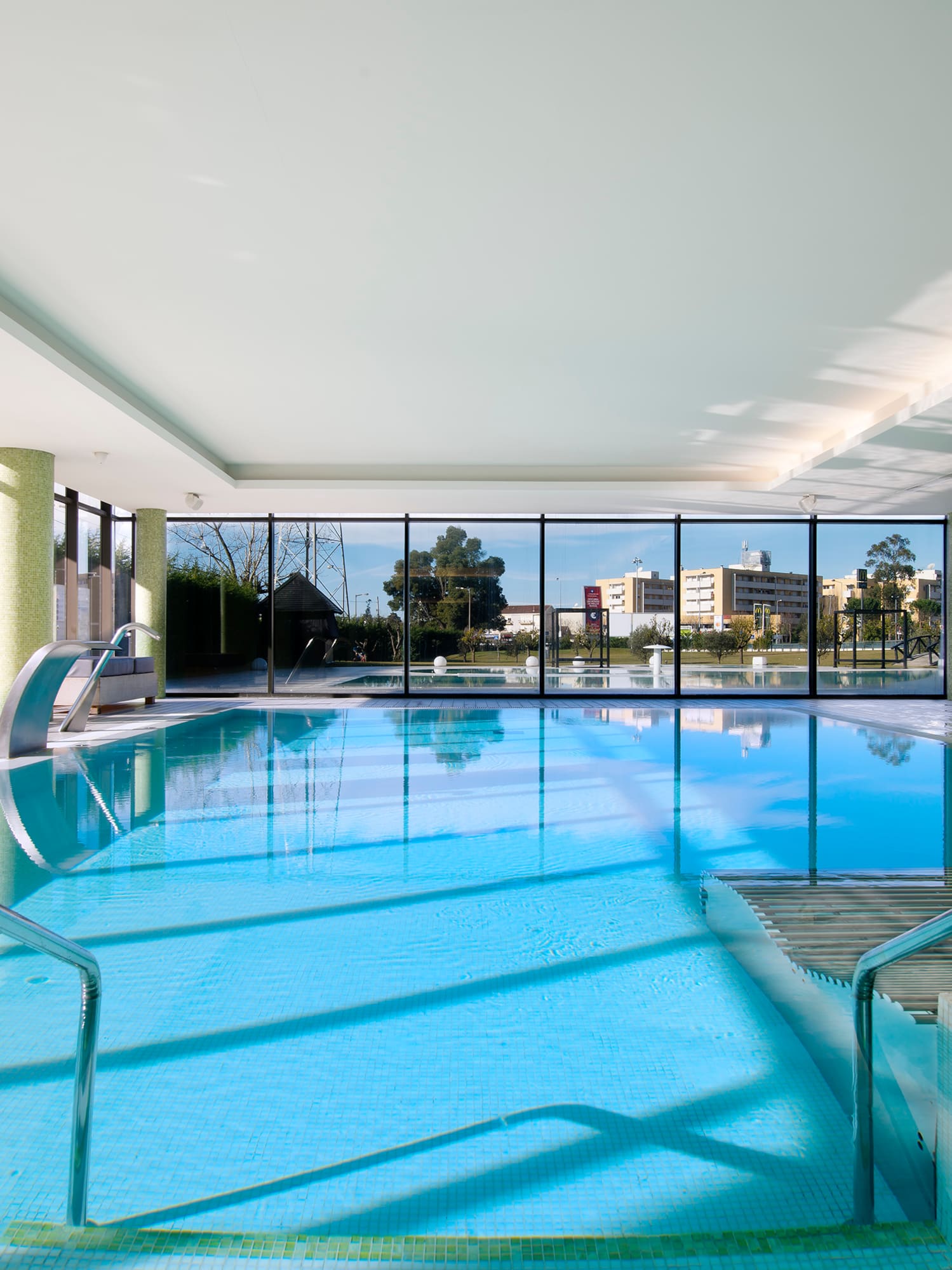 a swimming pool inside a building