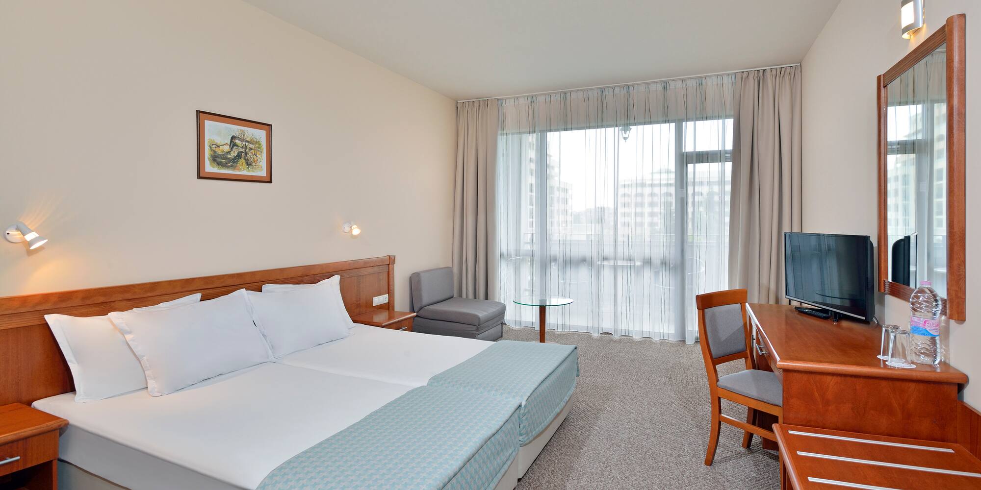 a room with a bed and a table