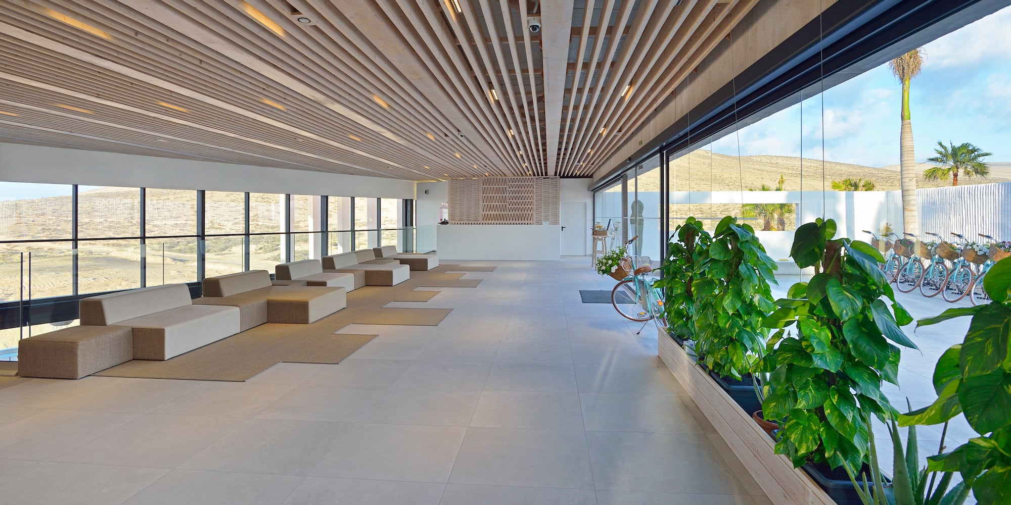 a room with a large window and a bicycle