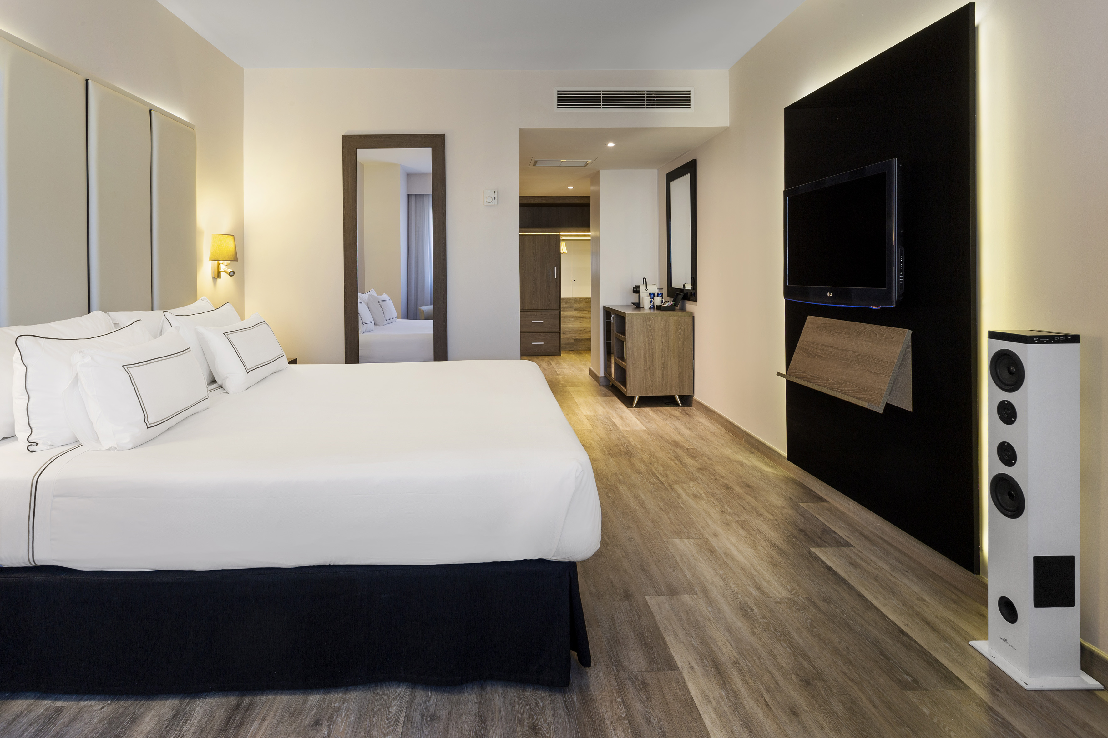 a room with a bed and a television