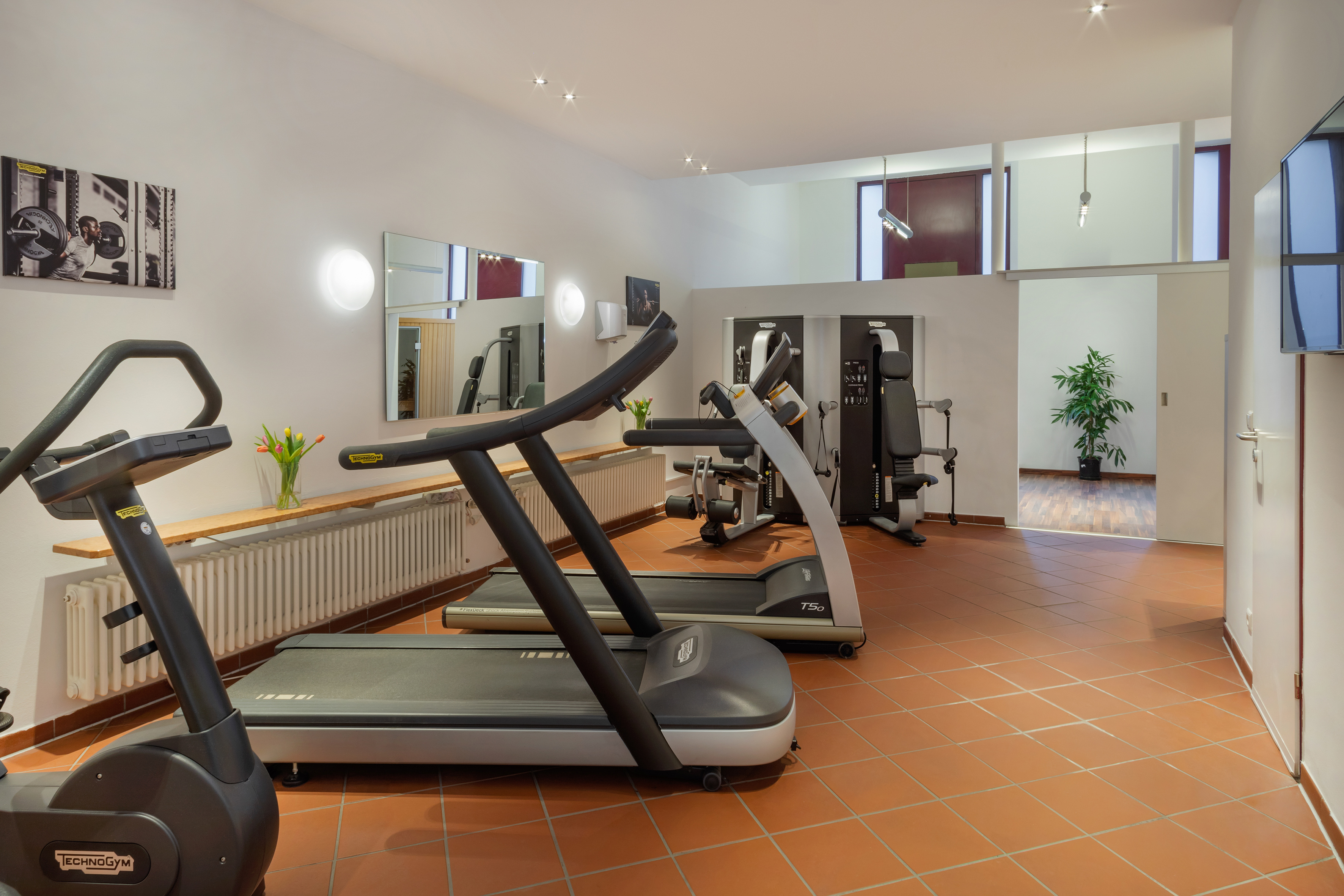 Bright gym with Technogym treadmills, weight machine, and tiled floor.