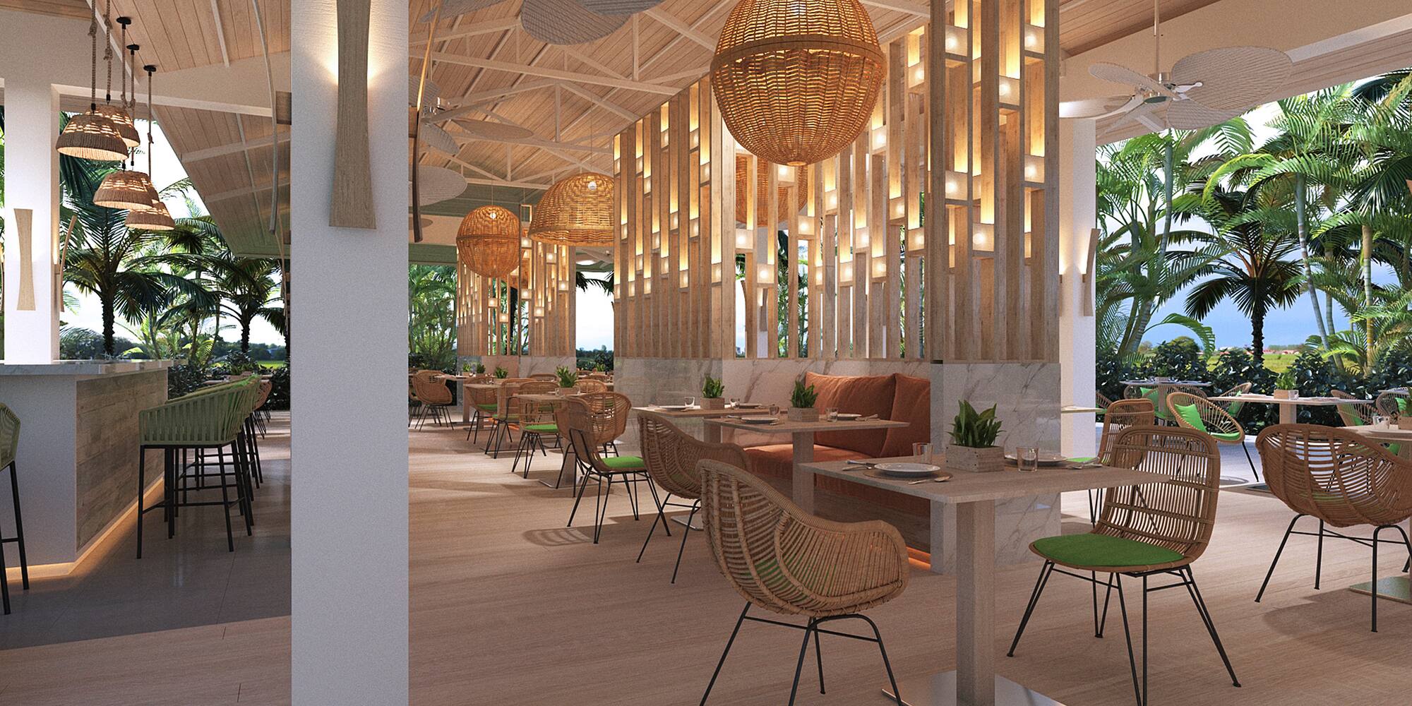 a room with tables and chairs