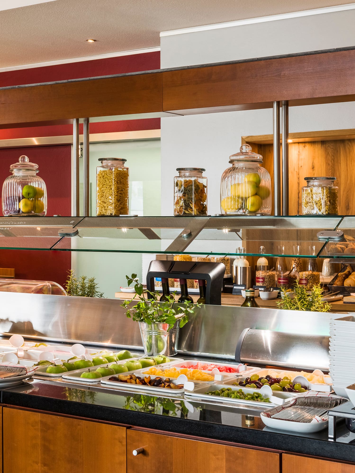 a buffet with food on the counter