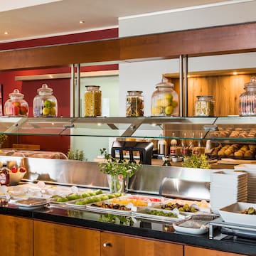 a buffet with food on the counter