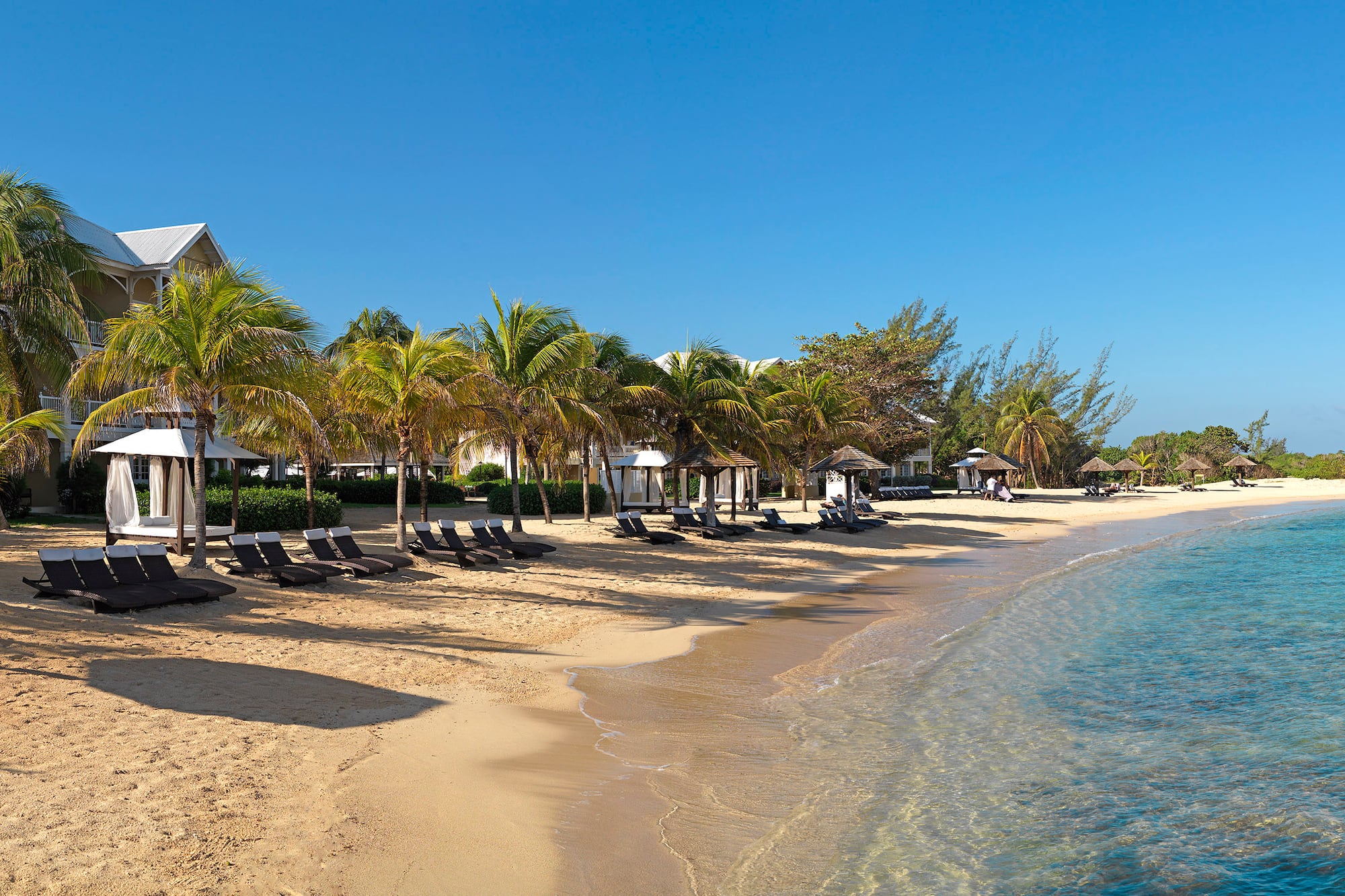 a beach with chairs and umbrellas