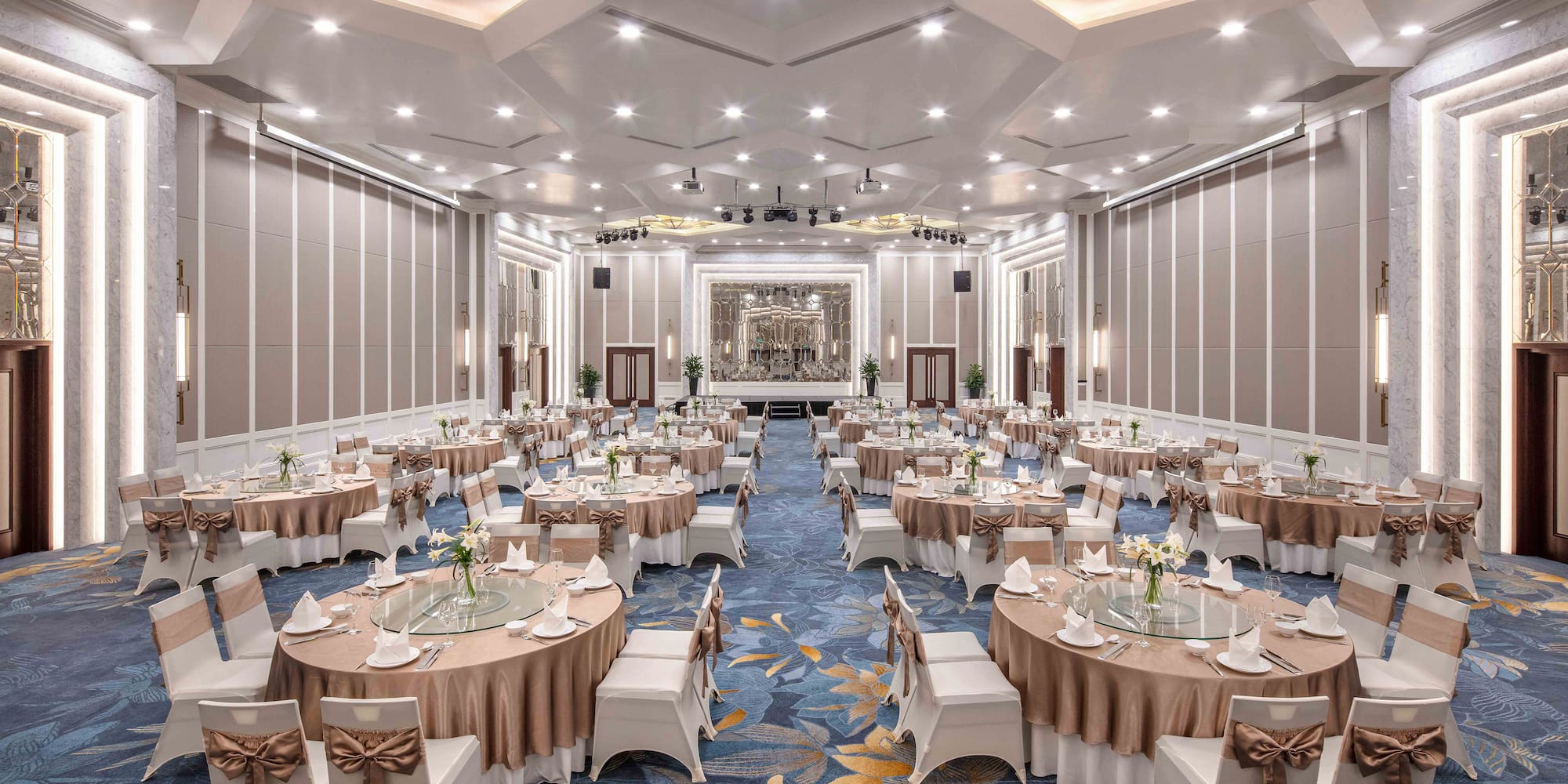 a large room with tables and chairs