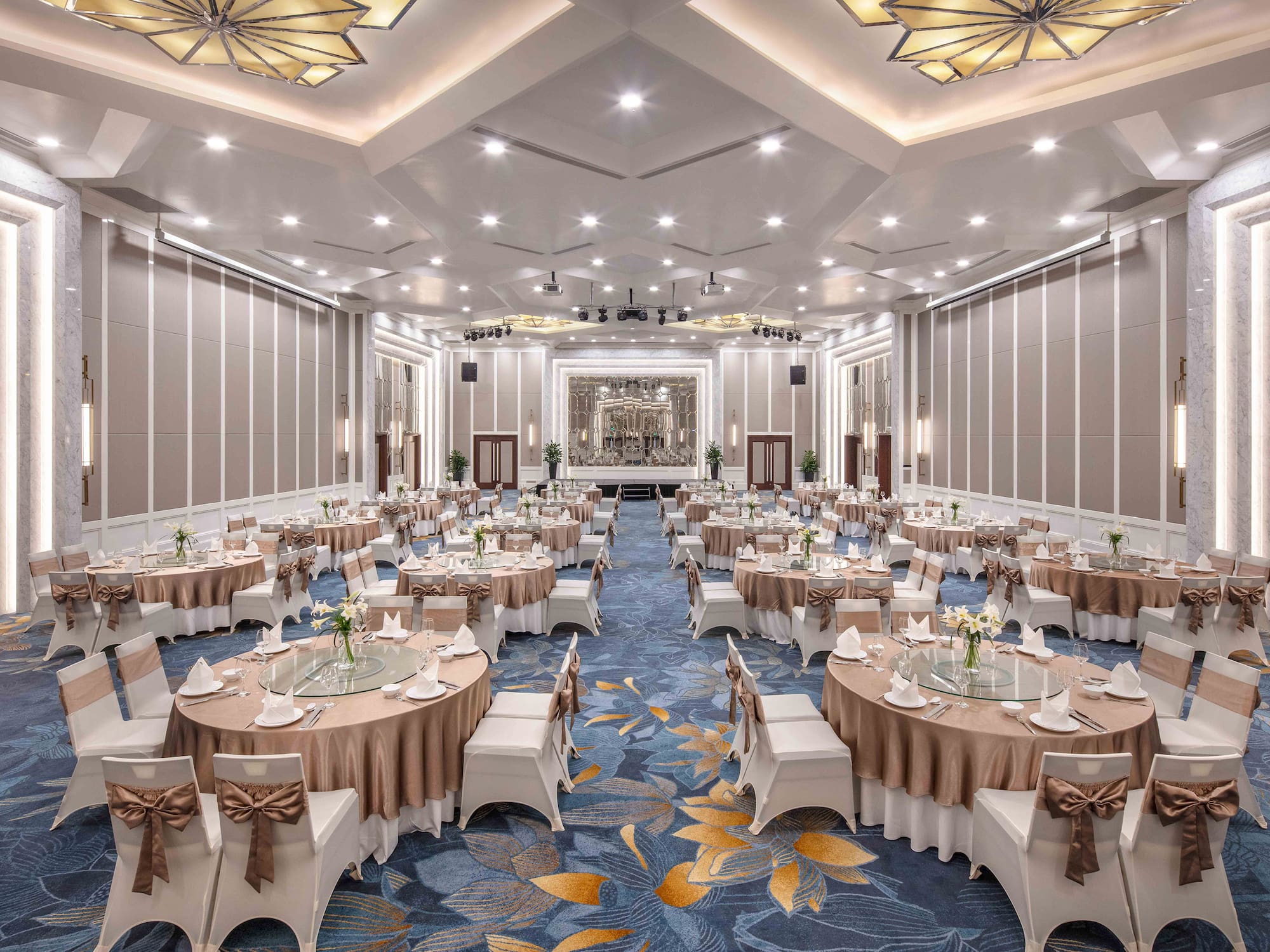 a large room with tables and chairs