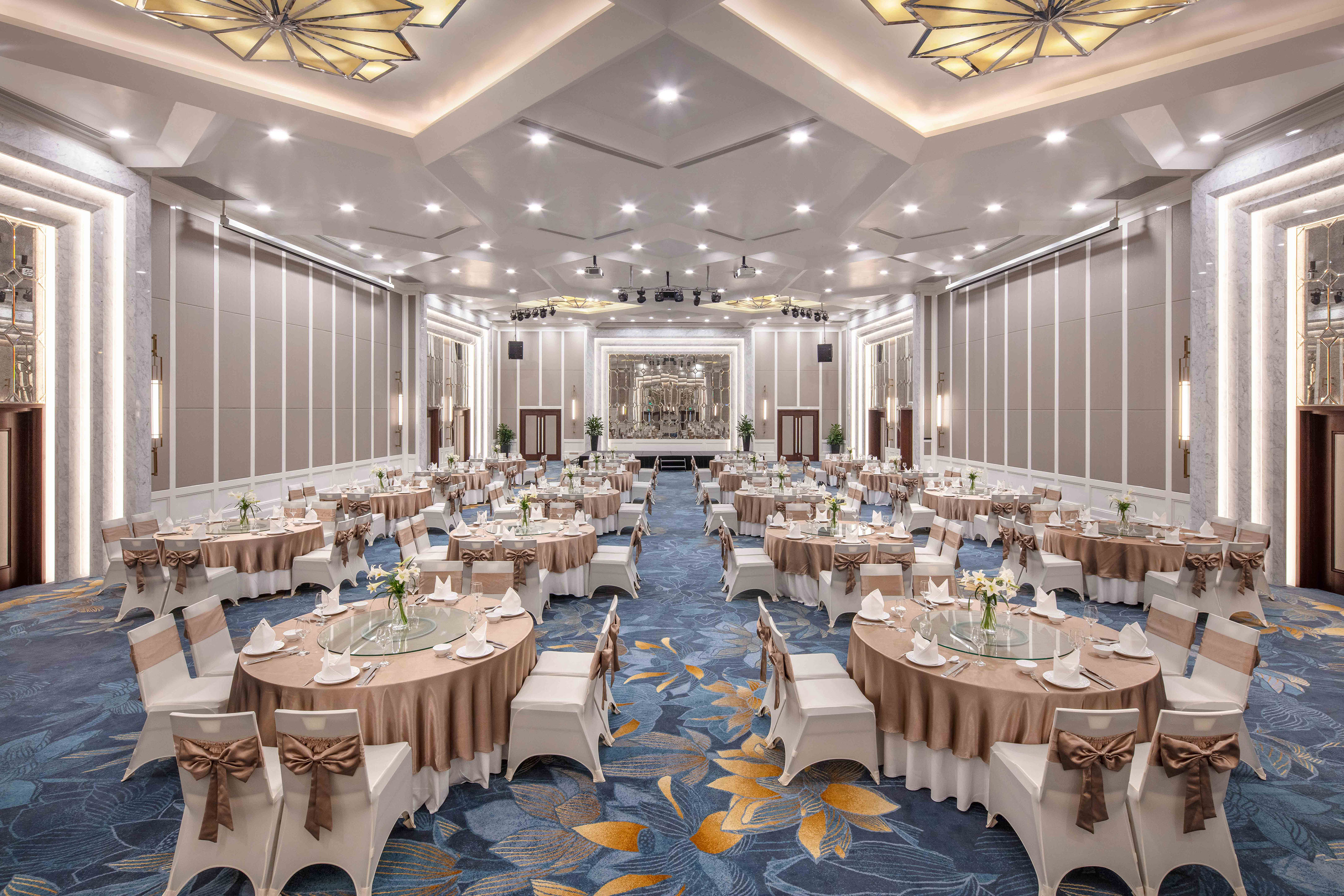 a large room with tables and chairs