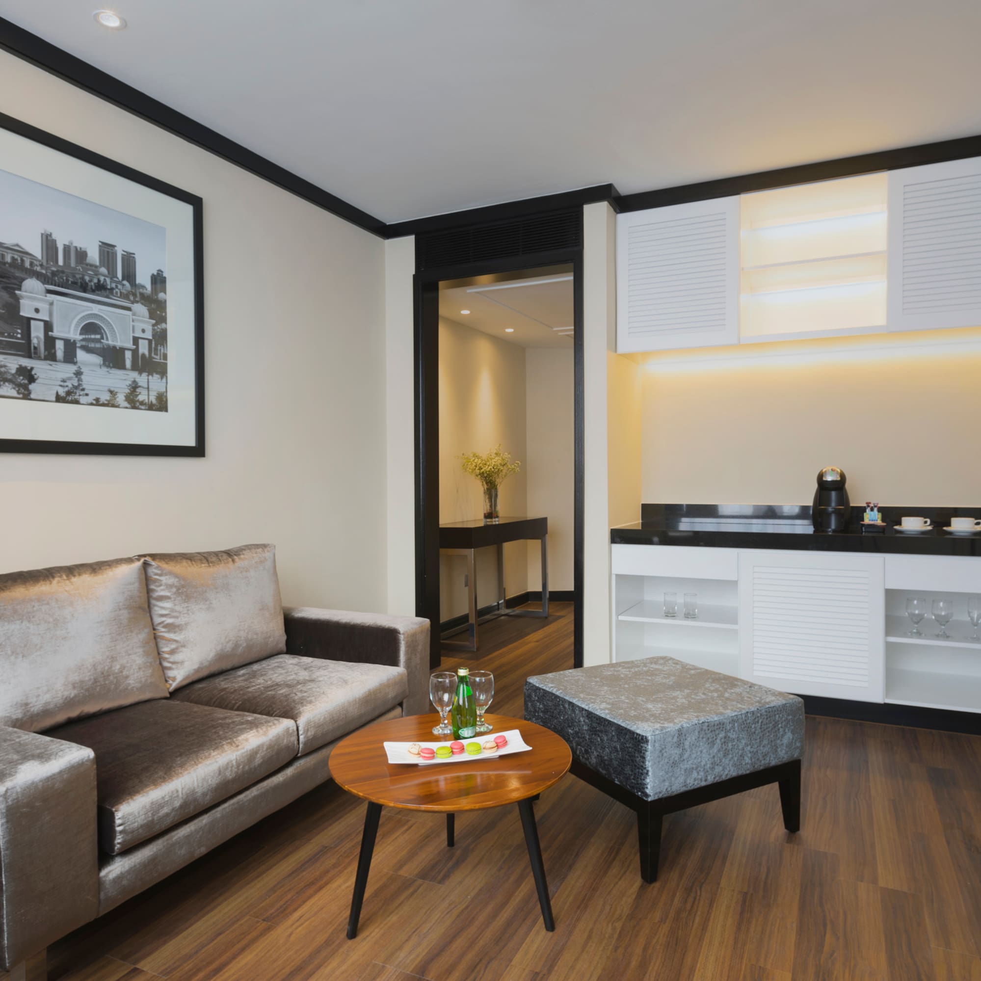 a living room with a couch and a coffee table