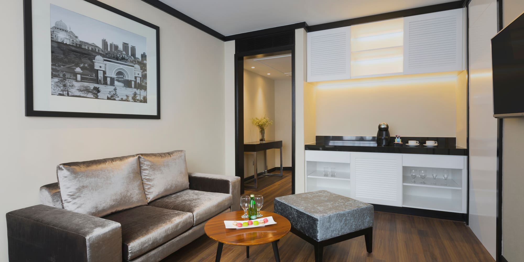 a living room with a couch and a coffee table