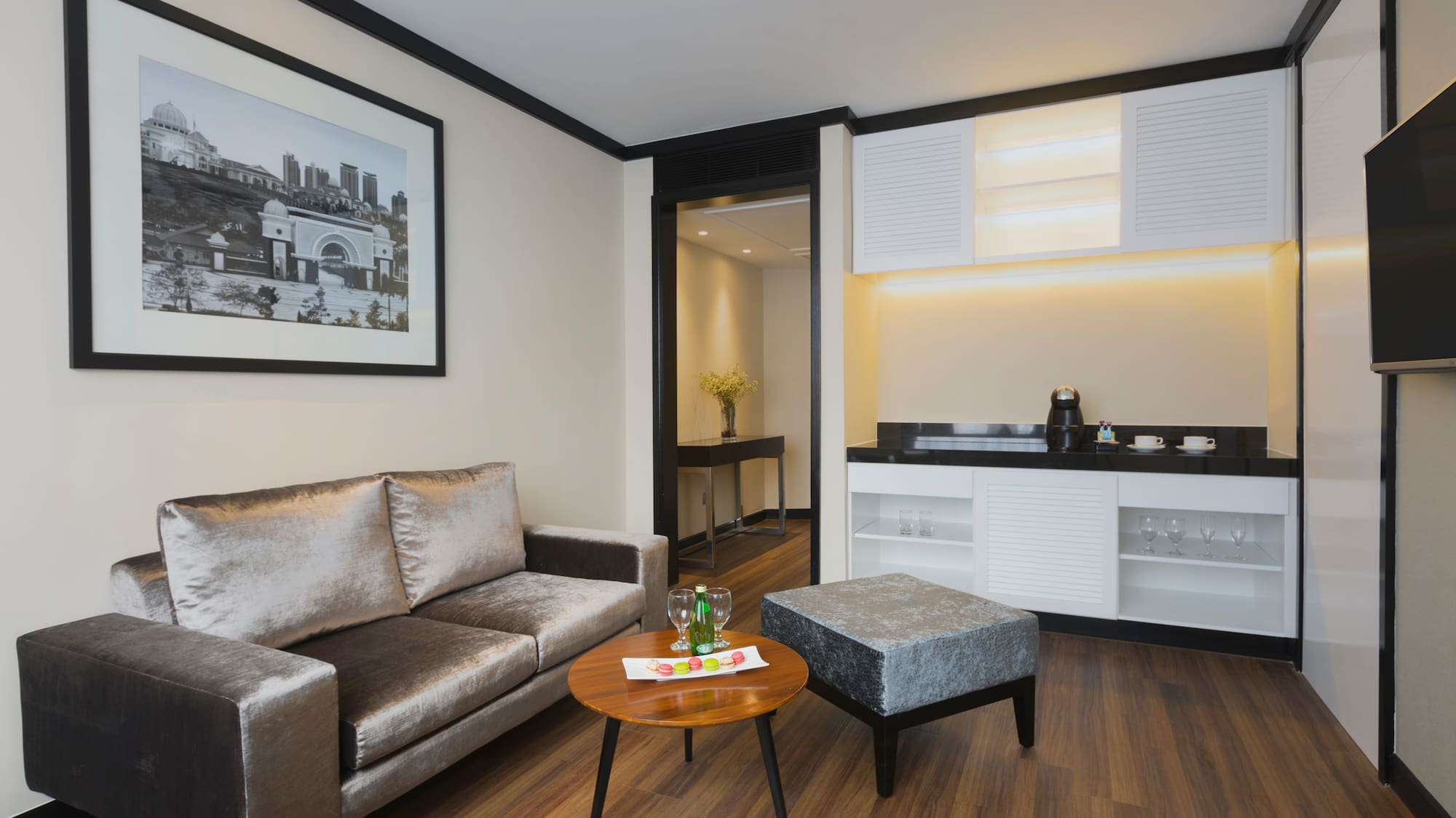 a living room with a couch and a coffee table