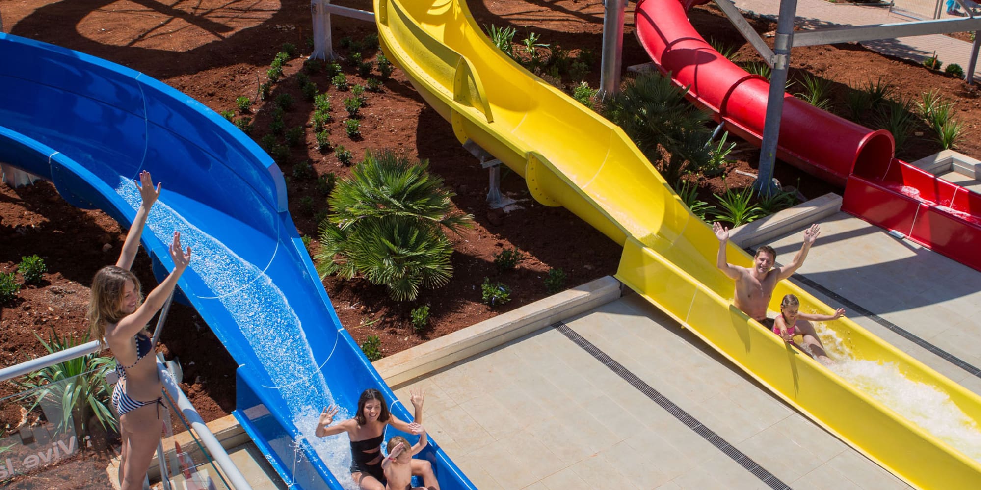 a group of kids on a water slide