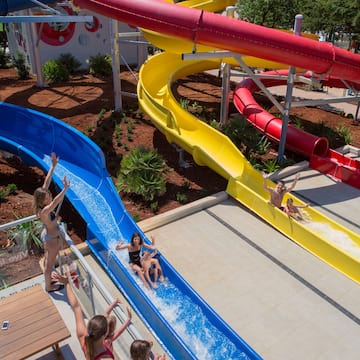 a group of kids on a water slide