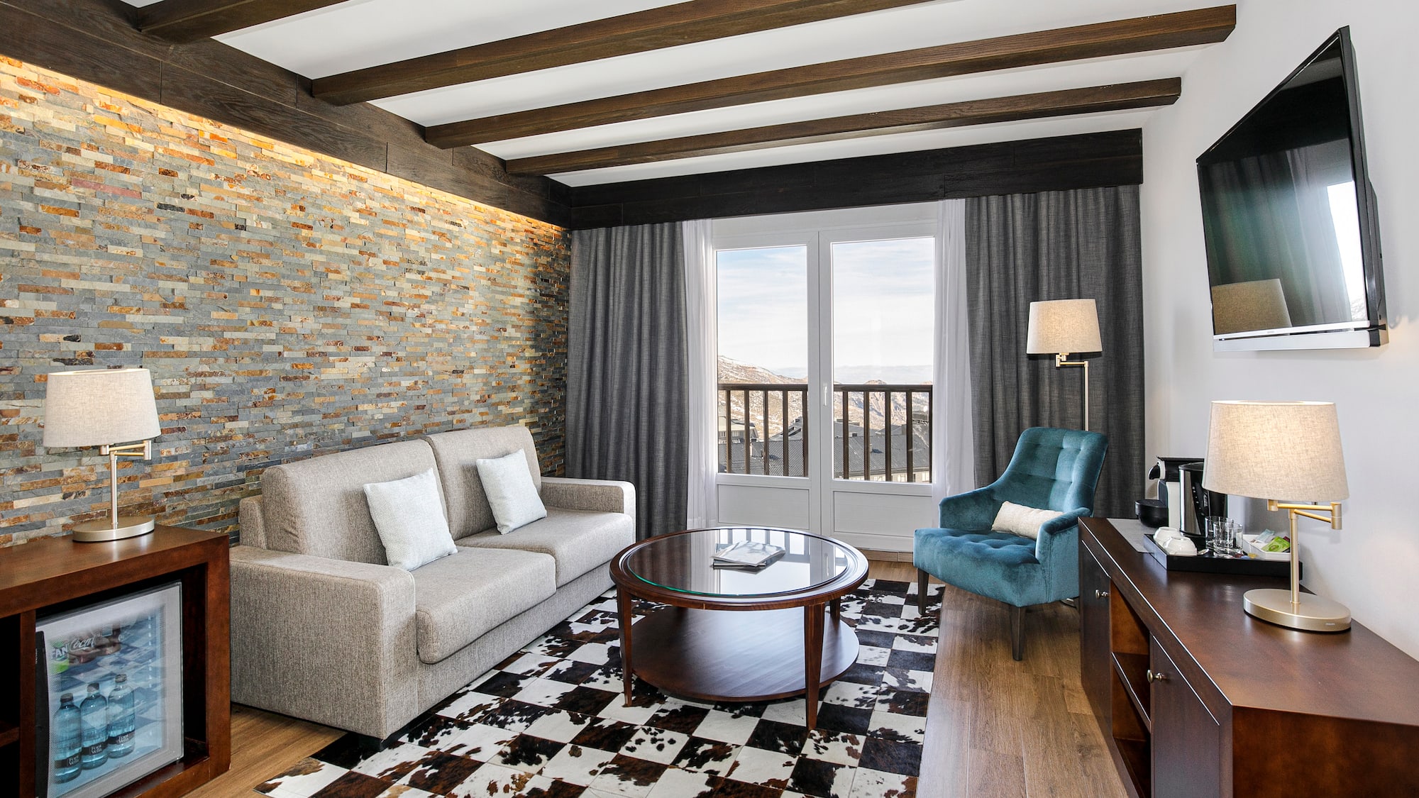 a living room with a couch and a table