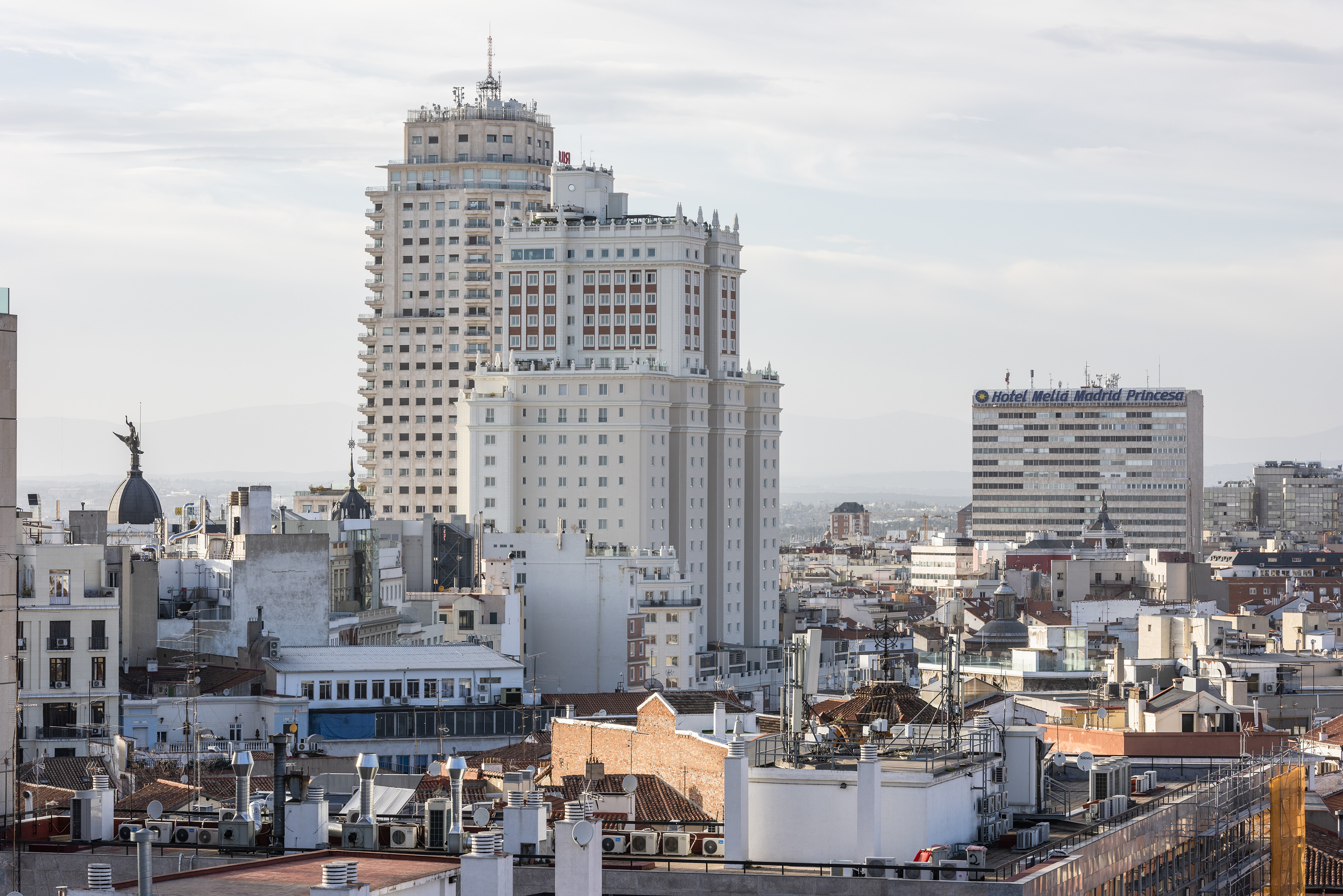 Madrid cityscape with Edificio España and Hotel Melia Princesa.