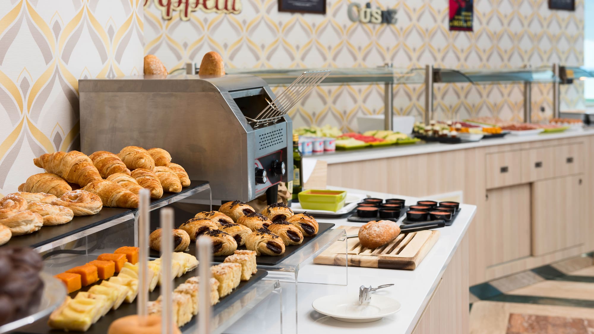 a buffet with food on it