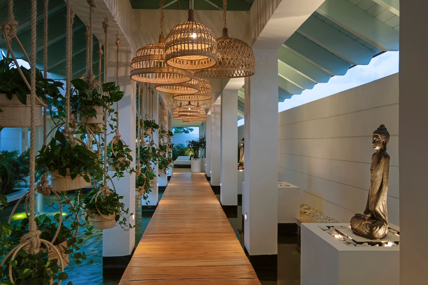 a walkway with baskets and plants from ceiling