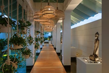 a walkway with baskets and plants from ceiling