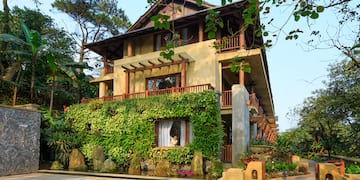 a house with a green wall and trees