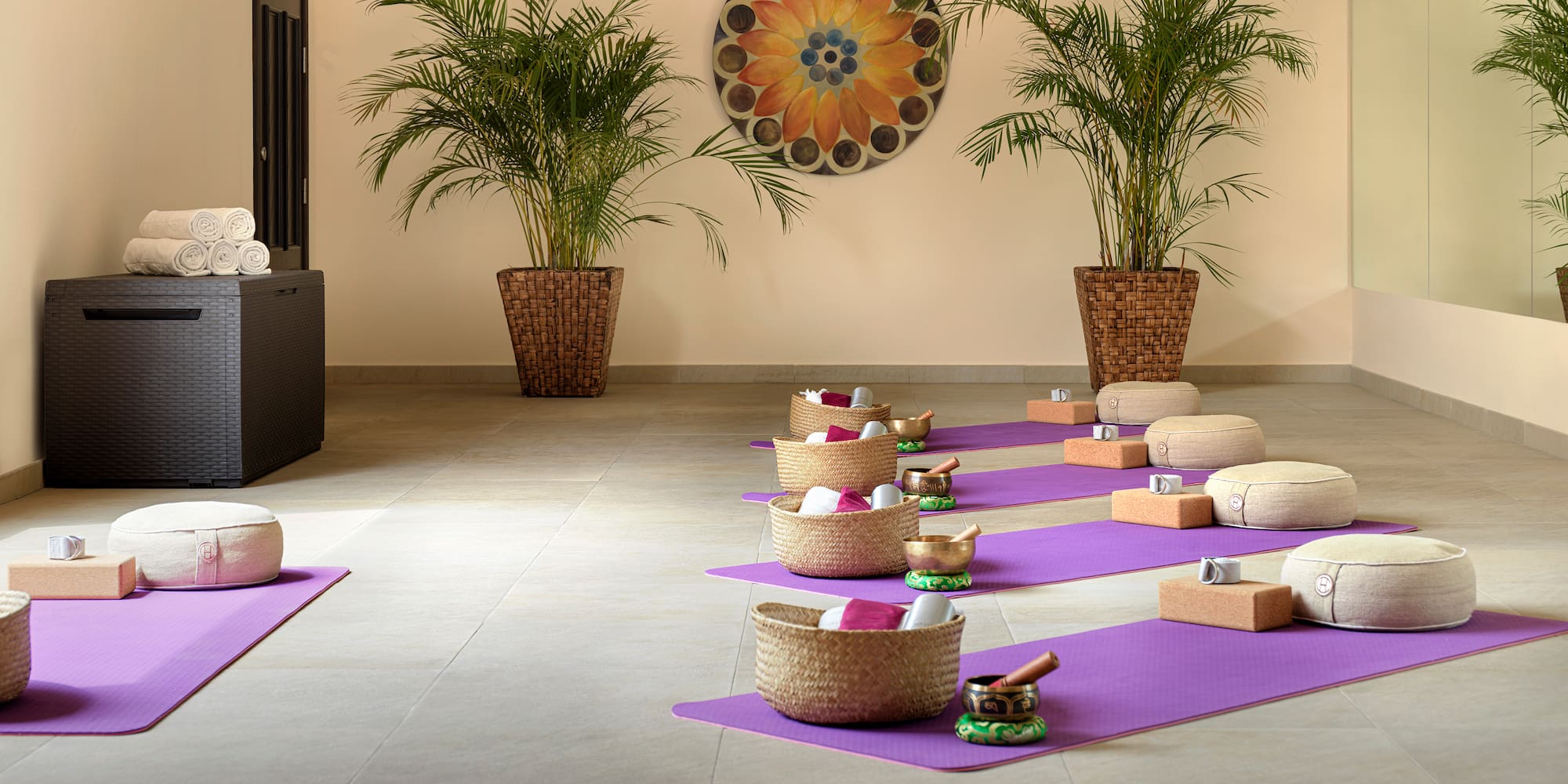 a room with yoga mats and plants