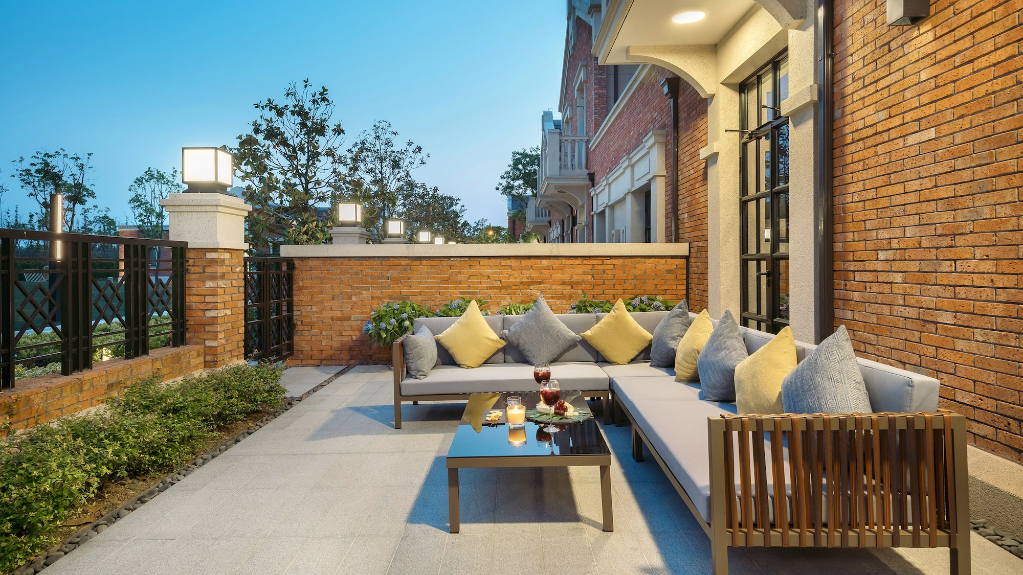 a patio with a couch and a table