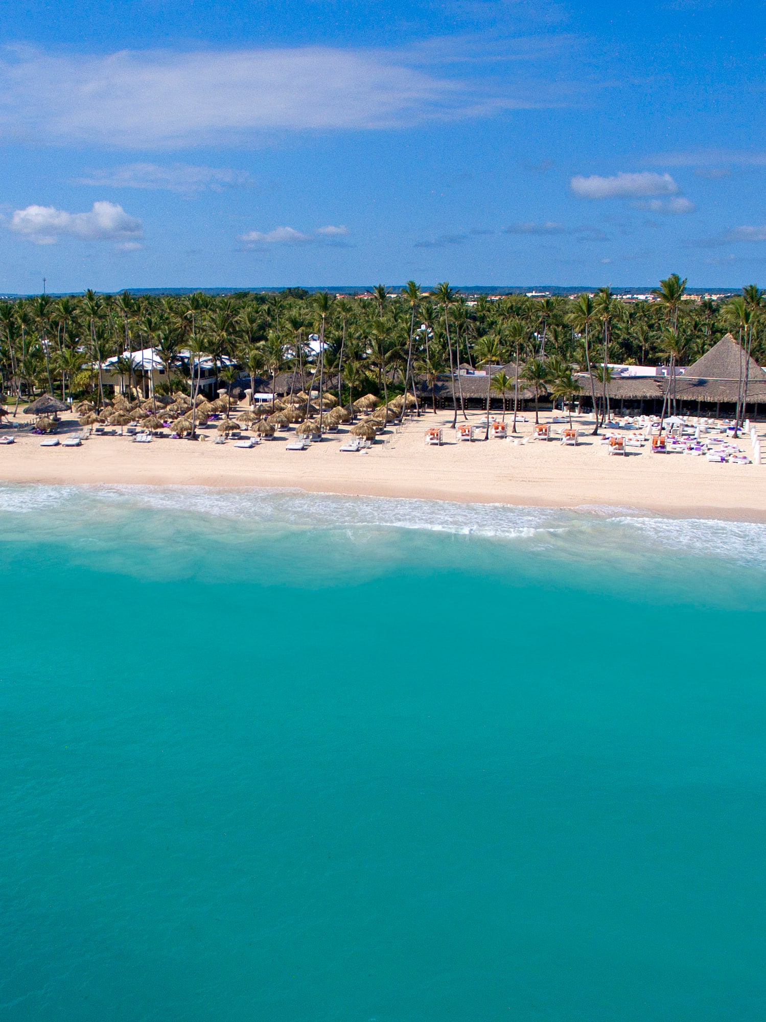 Aerial view: tropical beach with turquoise ocean, white sand, palm trees, and resort.
