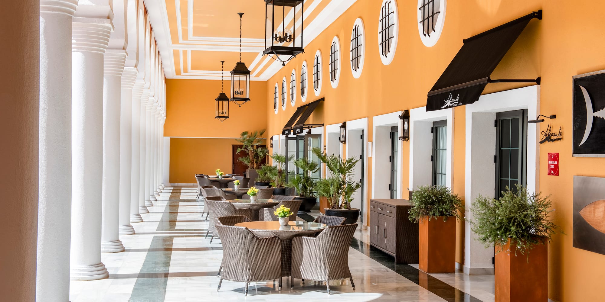 a building with tables and chairs