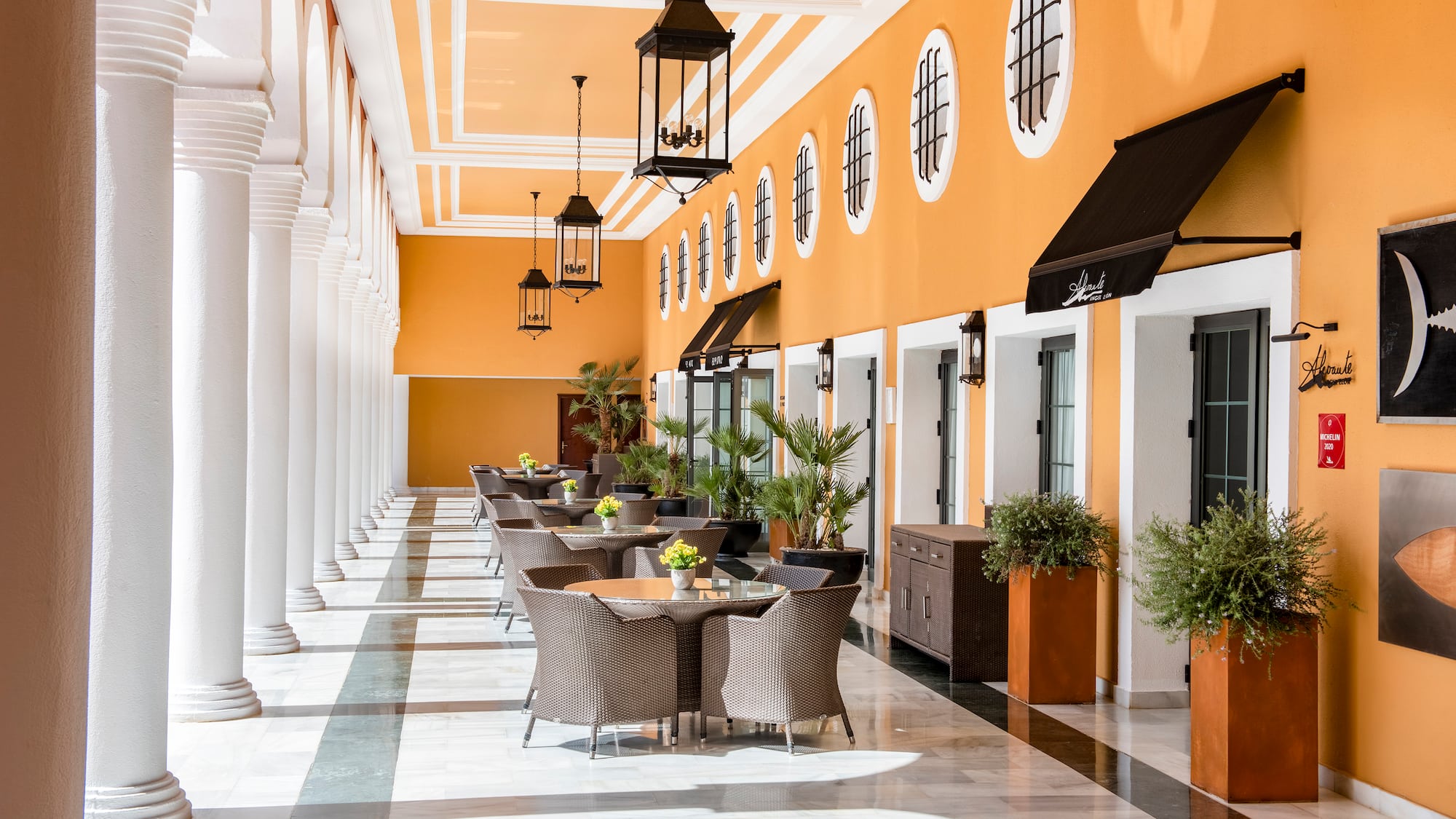 a building with tables and chairs