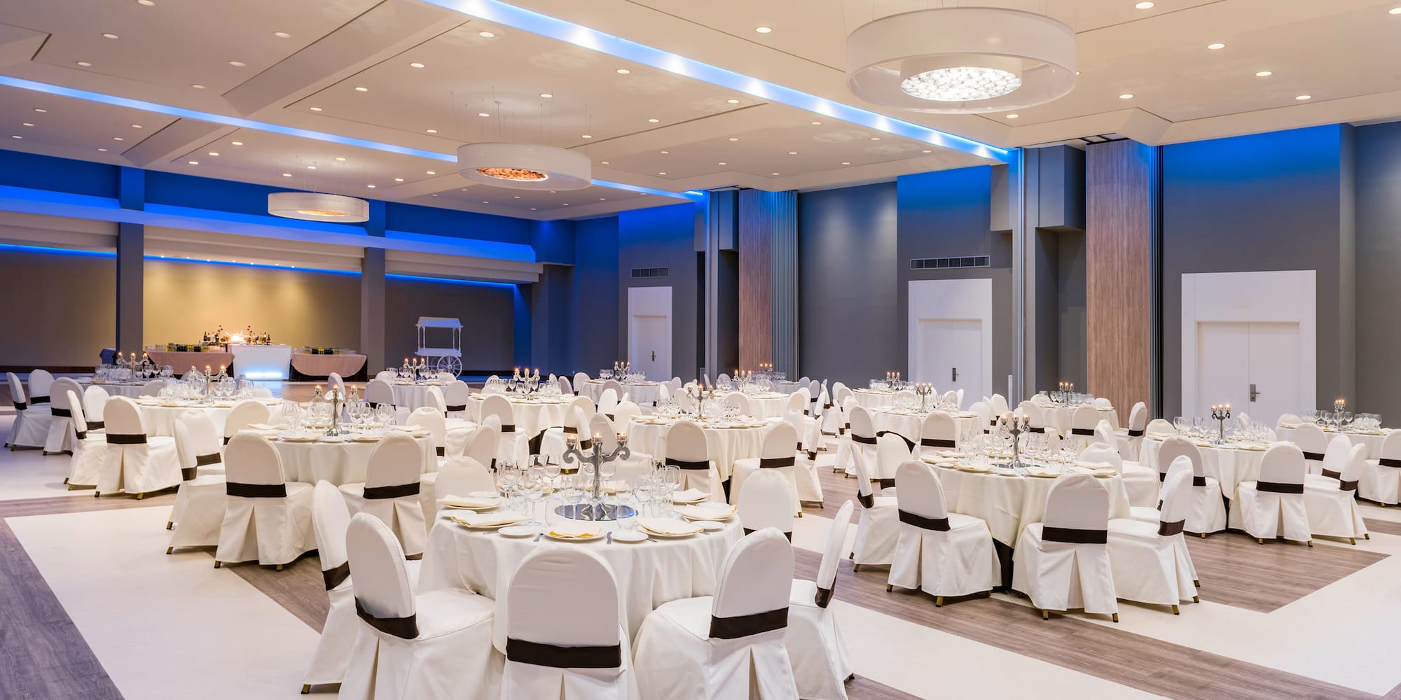 a large room with tables and chairs