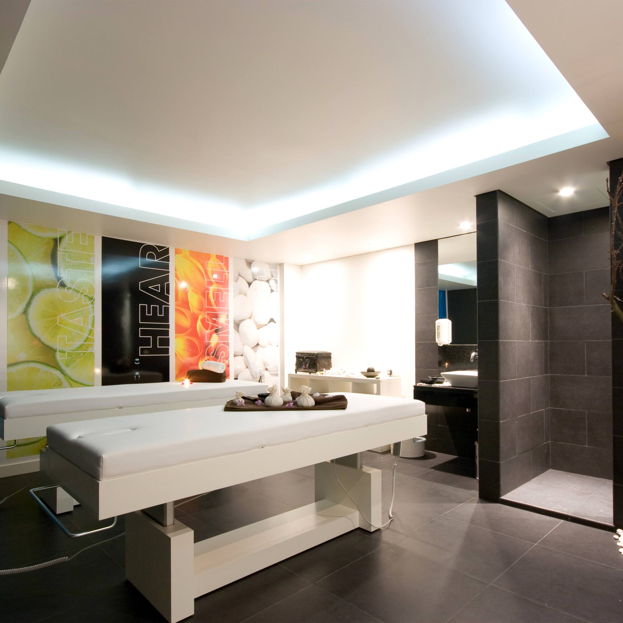 a room with a massage table.