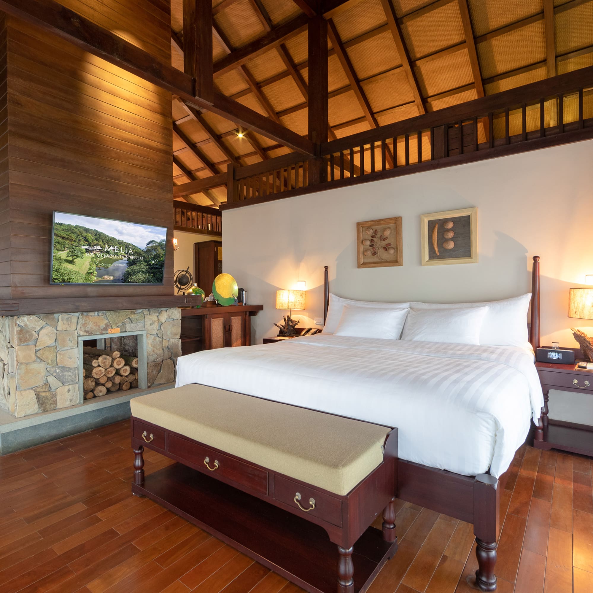 a bedroom with a wood floor and a wood ceiling