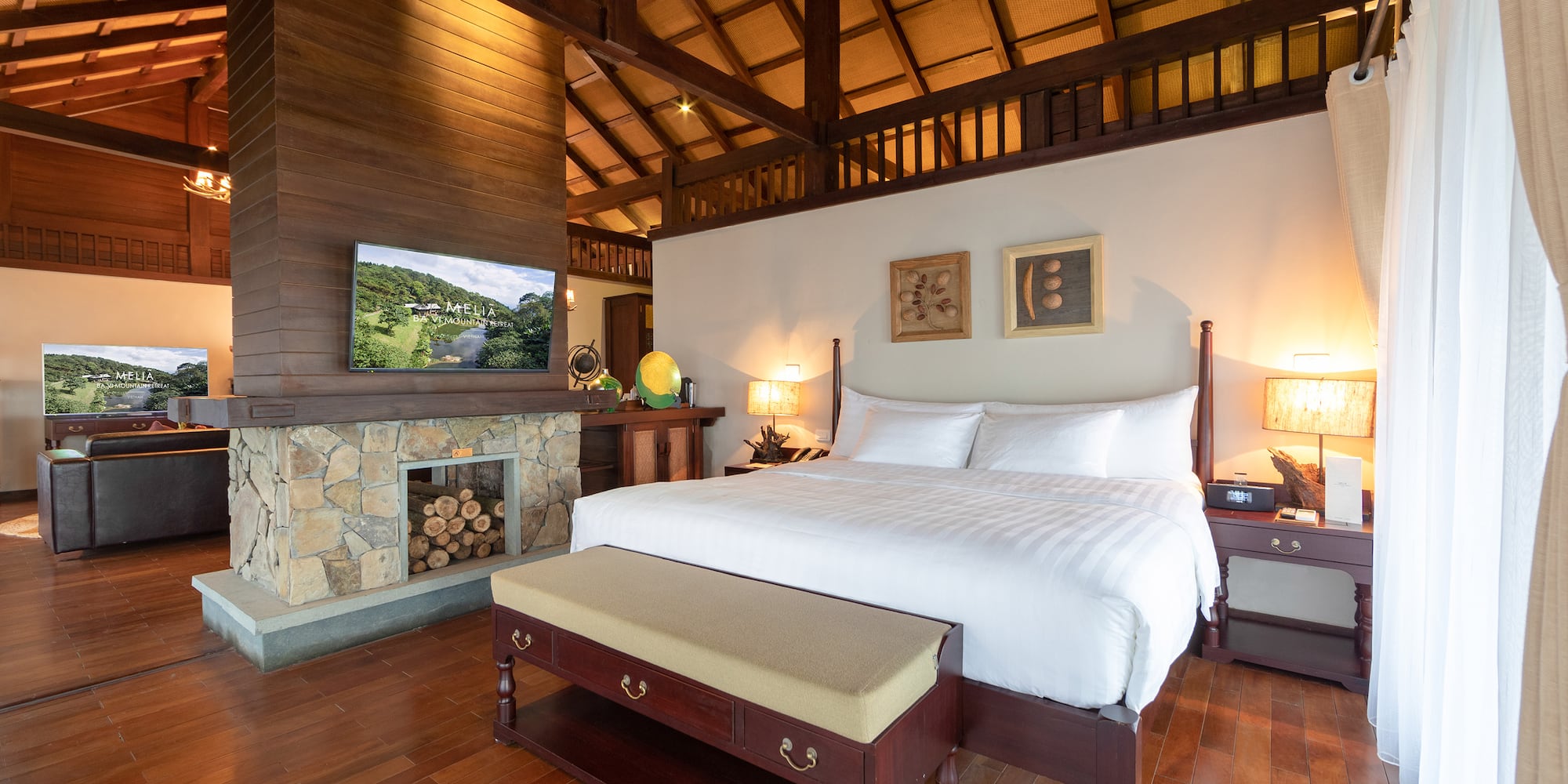 a bedroom with a wood floor and a wood ceiling